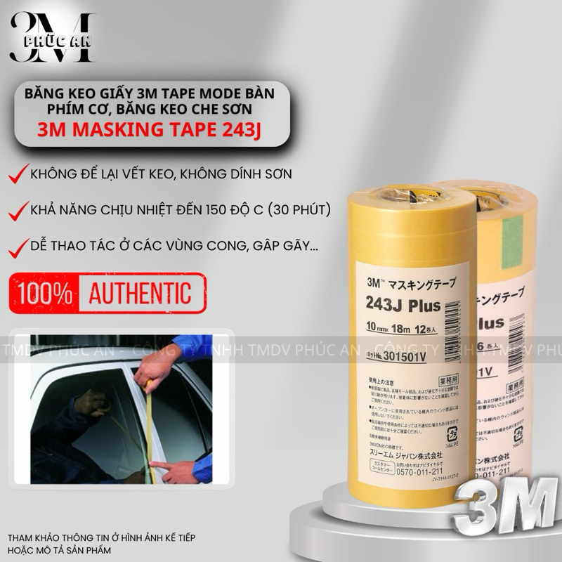 Băng keo giấy 3M tape mod bàn phím cơ, băng keo che sơn Masking Tape 243J keo giấy Washi, dài 18m