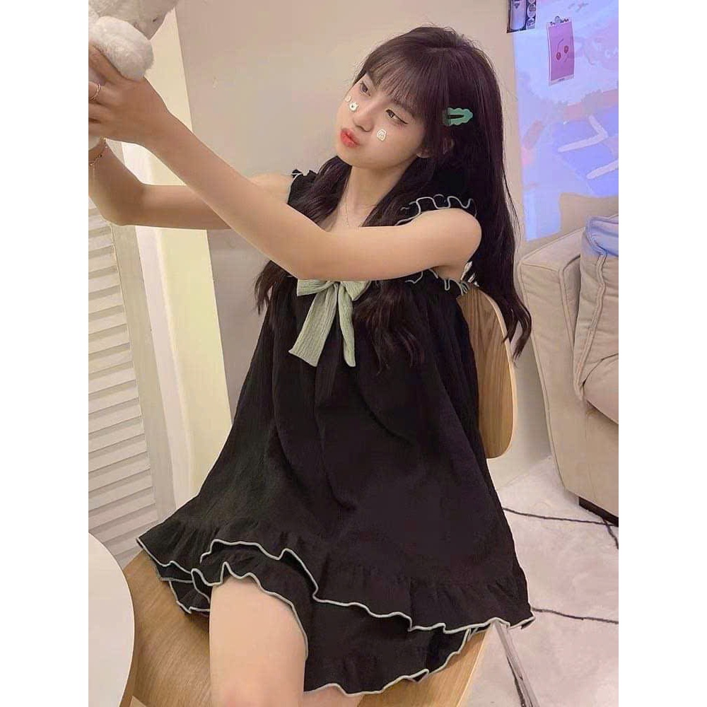 Bộ đồ ngủ nữ mặc nhà thắt nơ dễ thương, chất liệu co giãn thoải mái