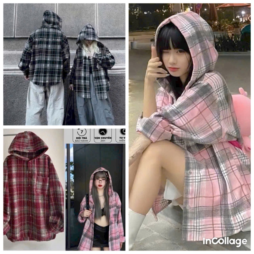 Áo khoác chống nắng nam nữ Flannel Form rộng chất vải dạ cotton kẻ caro dày dặn