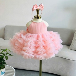 Váy Công Chúa Bé Gái Cổ Yếm, Đầm Bé Gái Cổ Viền Ngọc Xòe Bồng Xếp Voan Tầng Kèm Bờm