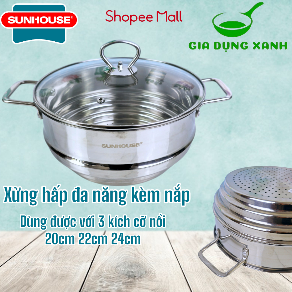 Xửng hấp inox Sunhouse đa năng dùng được với nồi 20-22-24cm sản phẩm kèm nắp kính cường lực