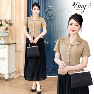 Áo Kiểu Nữ Công Sở EMY Thời Trang Thanh Lịch A9476 Cổ Danton Tay Ngắn Sang Trọng, Thiết Kế Dự Tiêc Màu Nâu Linen