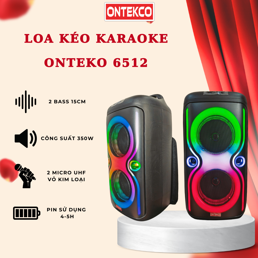 Loa kéo bluetooth ONTEKCO 6512/8002 tặng kèm 2 tay mic hát karaoke hay, âm thanh căng chuẩn