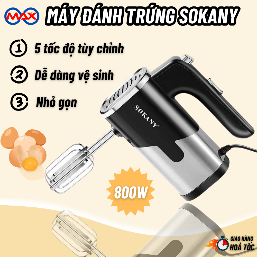 Máy Đánh Trứng Công Suất 800W, 5 Cấp Độ - Tặng 4 Que Đánh Trứng, Làm Bánh Inox 304 Tiện Dụng