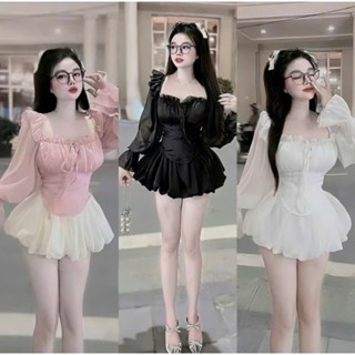 Set váy tơ có mút nhún lưng -Set áo tơ cổ vuông tay bồng ống loe mix chân váy bí có quần bảo hộ phong cách bánh bèo S197