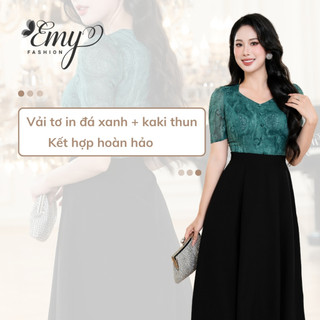 Đầm Công Sở EMY Cao Cấp EM9436 Dáng Xoè Sang Trọng, Thiết Kế Dự Tiệc Cổ Lục Giác Vải Tơ Kaki Xếp Ply Phối Đen Xanh