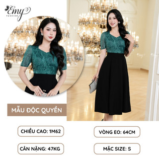 Đầm Công Sở EMY Cao Cấp EM9436 Dáng Xoè Sang Trọng, Thiết Kế Dự Tiệc Cổ Lục Giác Vải Tơ Kaki Xếp Ply Phối Đen Xanh