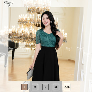 Đầm Công Sở EMY Cao Cấp EM9436 Dáng Xoè Sang Trọng, Thiết Kế Dự Tiệc Cổ Lục Giác Vải Tơ Kaki Xếp Ply Phối Đen Xanh