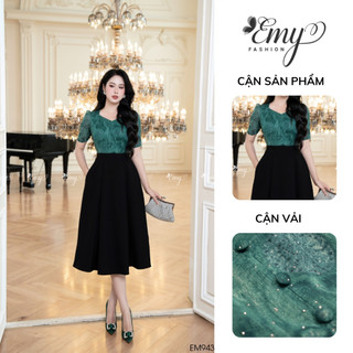 Đầm Công Sở EMY Cao Cấp EM9436 Dáng Xoè Sang Trọng, Thiết Kế Dự Tiệc Cổ Lục Giác Vải Tơ Kaki Xếp Ply Phối Đen Xanh