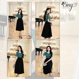 Đầm Công Sở EMY Cao Cấp EM9436 Dáng Xoè Sang Trọng, Thiết Kế Dự Tiệc Cổ Lục Giác Vải Tơ Kaki Xếp Ply Phối Đen Xanh