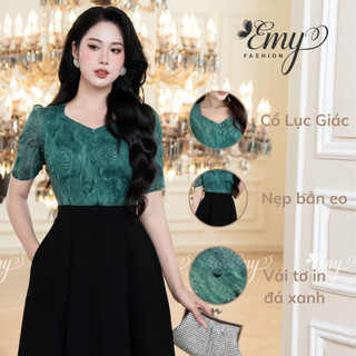 Đầm Công Sở EMY Cao Cấp EM9436 Dáng Xoè Sang Trọng, Thiết Kế Dự Tiệc Cổ Lục Giác Vải Tơ Kaki Xếp Ply Phối Đen Xanh