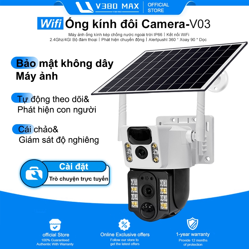 Solar giám sát Camera 2 mắt WiFi 360 độ V380 MAX 1080P HD IP Không thấm nước ngoài trời 4G Sim