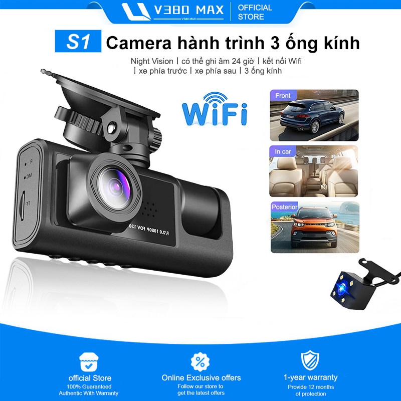 V380 MAX Camera hành trình V380 MAX 3 mắt ghi hình tốc độ cao full HD 1080p hồng ngoại siêu nét