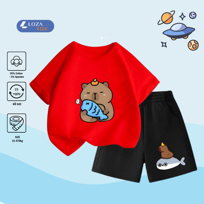 Set đồ bé gái (áo thun+quần đùi) cotton in hình capybara ôm cá - Đồ bộ bé gái Loza cho bé cân nặng từ 15-40kg- SB109