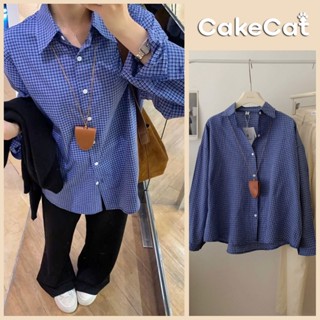Áo Sơ Mi Dài Tay Kẻ Ô Vuông Sơ Mi Nữ Xanh Đậm Form Rộng Kiểu Hàn Quốc Cakecat