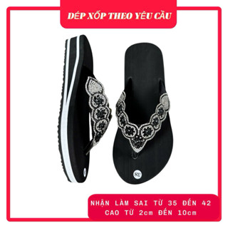  Dép xốp nữ xỏ ngón quai kẹp đính đá đế cao su cứng chống trơn trượt cao thấp đa dạng màu đen viền trắng 