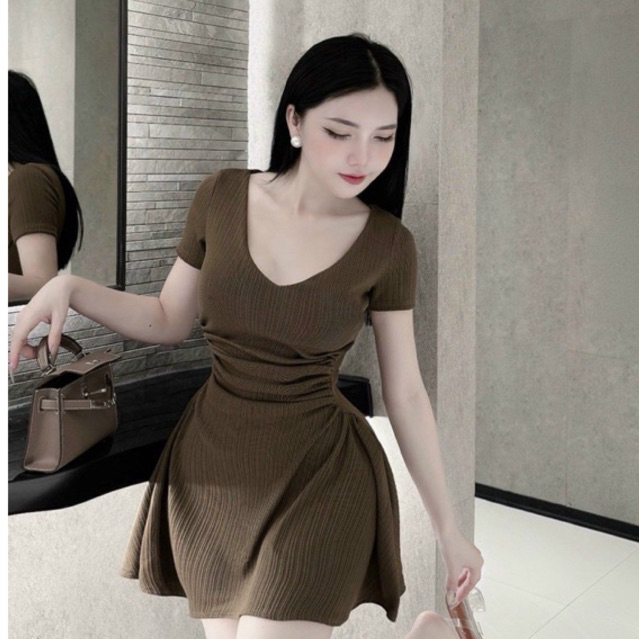 [HOẢ TỐC] SET ĐẦM CỔ V TAY NGẮN DÚM EO KÈM QUẦN BASIC