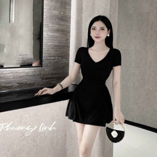 [HOẢ TỐC] SET ĐẦM CỔ V TAY NGẮN DÚM EO KÈM QUẦN BASIC