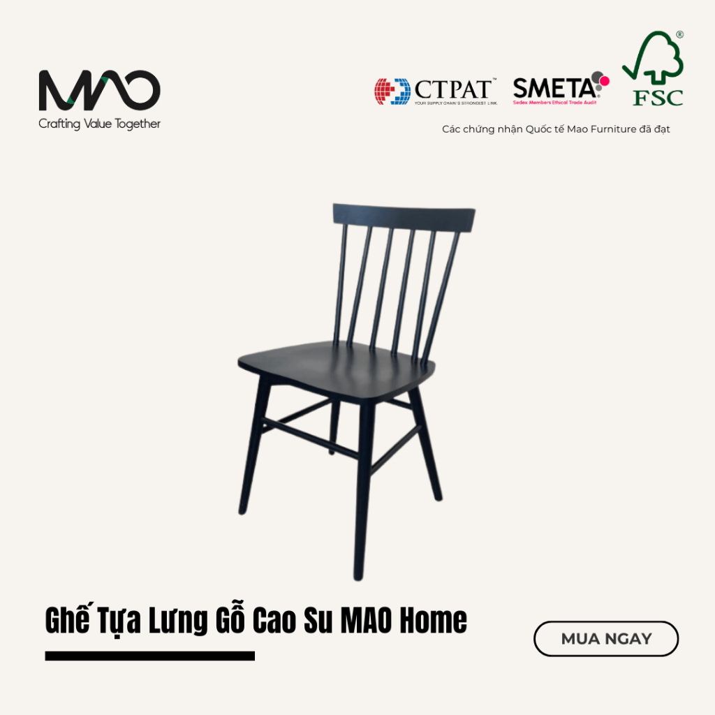 Ghế Tựa Lưng Gỗ Cao Su Màu Đen MAO Home