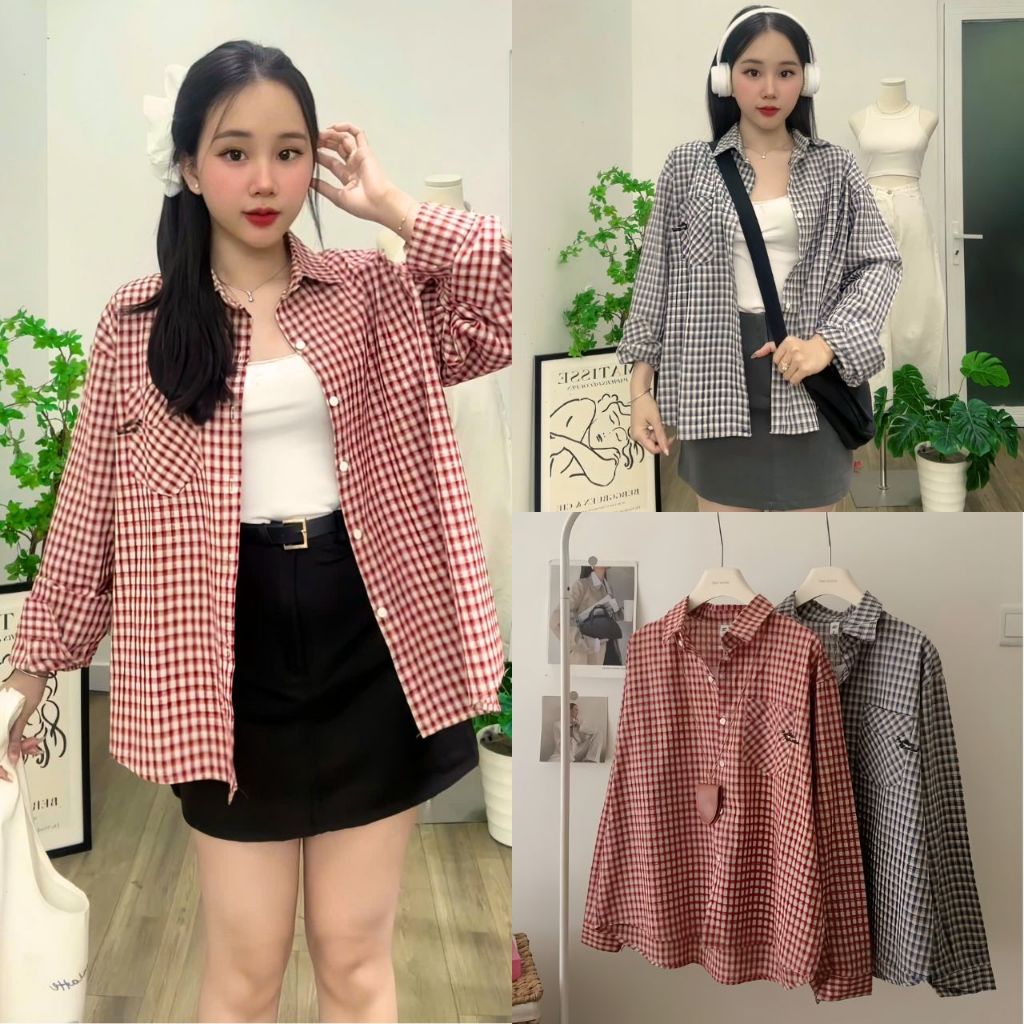 Áo Sơ Mi Kẻ Nhỏ Phối Túi Thêu Chữ Form Rộng, Labibi