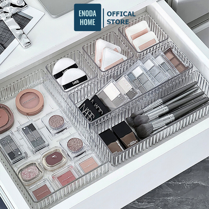 Khay Chia Ngăn Kéo Trong Suốt Vân Sọc, Khay Đựng Mỹ Phẩm Xếp Chồng Tiện Lợi Để Bàn P300