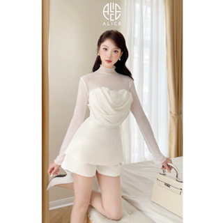 Set đồ nữ, áo cổ lọ dài tay đính hoa ngực chất trượt nhật mềm mát phối quần short ngắn sang chảnh đi chơi Alice S821