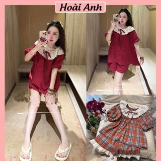Set Bộ Đồ Nữ Mặc Nhà Đũi Hoa Nhí Màu Đỏ Áo Ngắn Tay PHối Viền Ren Mix Quần Sooc Đùi Freesize