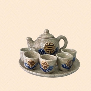 Bộ ấm chén thờ men rạn nổi Phúc Thọ - Chợ Sứ Bát Tràng - ấm chén mini thờ