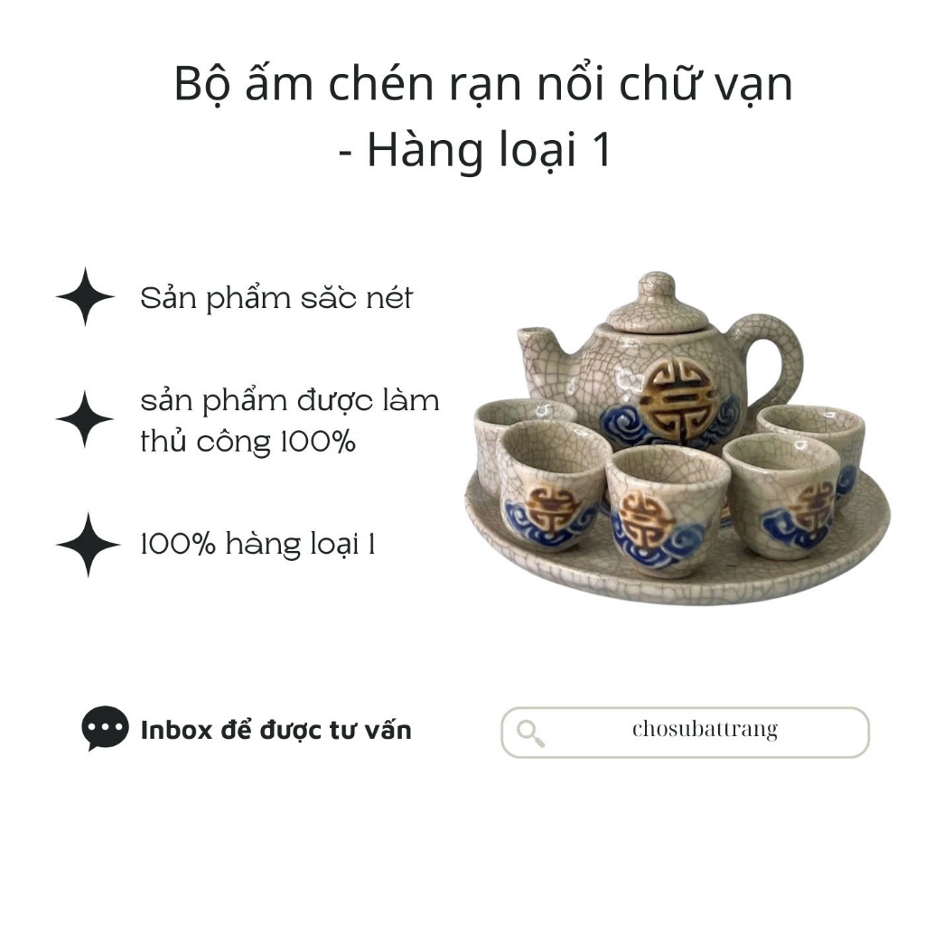 Bộ ấm chén thờ men rạn nổi Phúc Thọ - Chợ Sứ Bát Tràng - ấm chén mini thờ