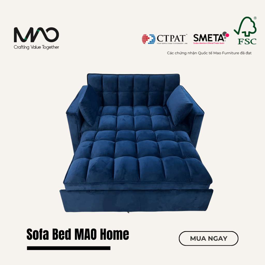 Sofa Bed Vải Nhung Cao Cấp Xanh Dương MAO Home