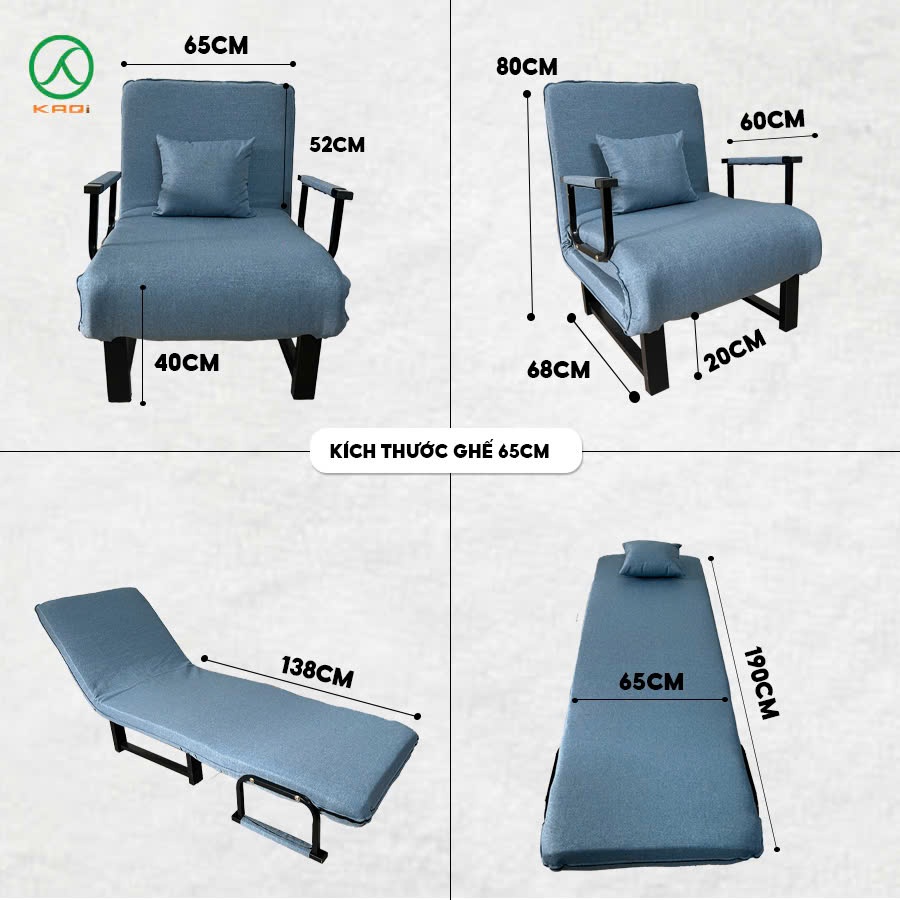 Ghế Sofa Giường Gấp Gọn Đơn Và Mở Ra Thành Giường KaQi Sixe 65cm, Chân Trụ Khung Thép Chắc Chắn