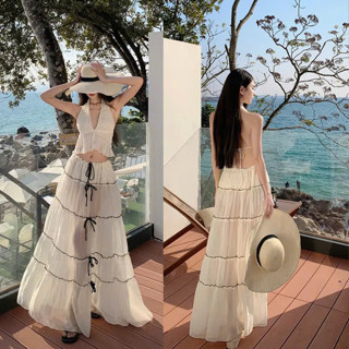 Set Đồ Nữ Đi Biển, Set Áo Yếm Hở Lưng Phối Chân Váy Dài Maxi Chất Tơ Mềm Sexy Sang Chảnh Cho Nàng Mặc Đi Chơi, Du Lịch
