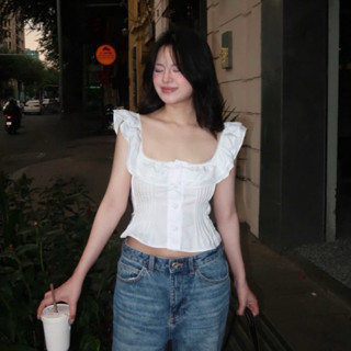   CÓ SẴN  Áo sơ mi nữ cánh tiên cổ vuông phối bèo form ôm - Kousì Studio 