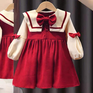  Váy Bé Gái The Pig   1 - 7T   Màu Đỏ Cổ Vuông Đính Nơ Chất Nhung Tăm Cao Cấp Cho Bé Đi Học Đi Chơi Noel Dịp Tết 