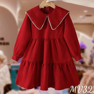  Váy Đỏ Cho Bé Gái The Pig   8 - 35 kg   Váy Tay Dài Màu Đỏ Đô Mùa Noel - Tết . Chất Nhung Chéo Hàn Loại 1 Siêu Mềm Mịn 