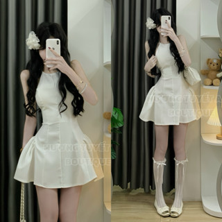 [ ẢNH THẬT BY HTA ] Váy nữ ngắn đuôi xoè , Váy cổ yếm tùng xoè to xếp ly 2 bên đuôi cá