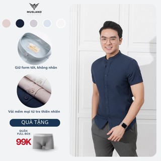 Áo Sơ Mi Nam Cộc Tay Musland, Vải Linen Xước Phom Dáng Slim Fit Cổ Tàu Trẻ Trung, Năng Động SM23025