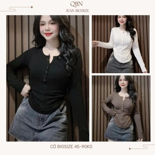 Áo Thun Nữ Tay Dài Phối Túi và Nút Chất Thun Tăm Dễ Thương Bigsize 45-85kg MS041 Áo Dài Tay Form Ôm Đẹp QBN Áo Kiểu