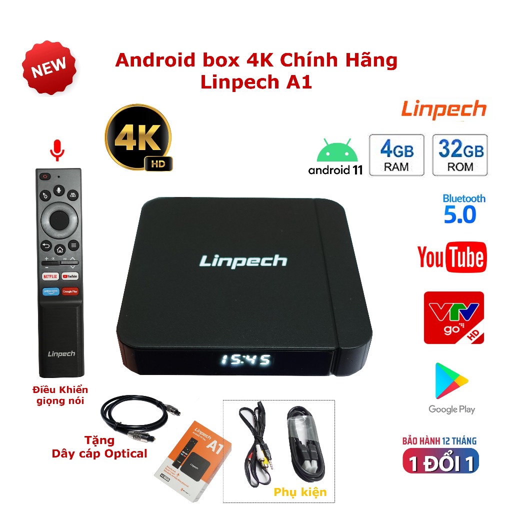 Android tv box 4K chính hãng Linpech A1 Ram 4GB, Rom 32Gb - có Optical, Bluetooth 5.0, Android TV 11