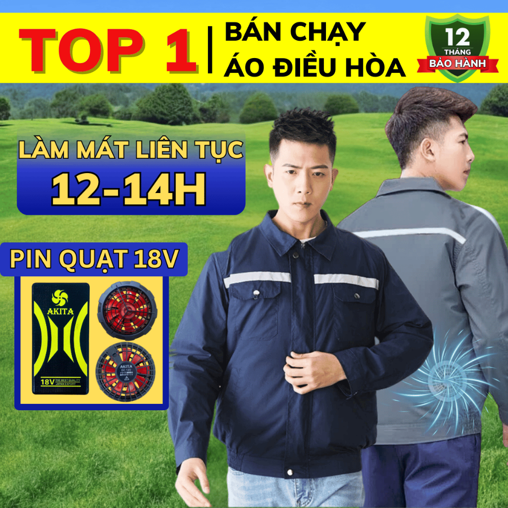 Áo điều hòa Akita Nhật Bản, quạt áo điều hòa công suất 18V, hoạt động liên tục 12-14h mát cực nhanh
