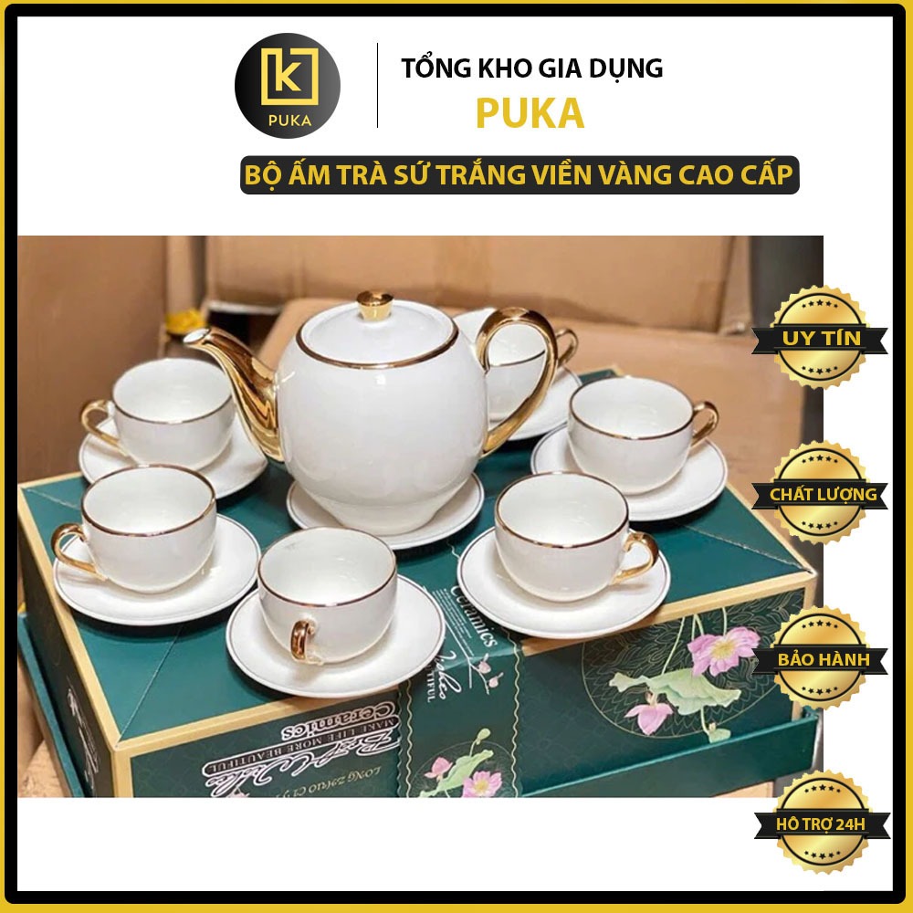   Kèm Hộp Sang Trọng  Bộ Ấm Chén Sứ Trắng Viền Vàng Cao Cấp,Quà Tặng Tân Gia,Uống Trà Gia Đình 