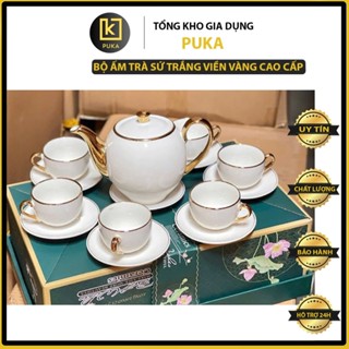   Kèm Hộp Sang Trọng  Bộ Ấm Chén Sứ Trắng Viền Vàng Cao Cấp,Quà Tặng Tân Gia,Uống Trà Gia Đình 
