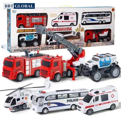 Bộ 6 xe mô hình công trình, xe cảnh sát, mô hình cứu hỏa cỡ lớn cho bé BBT Global