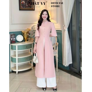  Áo dài cách tân xẻ tà thiết kế Nhật Vy đính cúc bọc phối quần lụa phù hợp đi chơi tết - D3222 