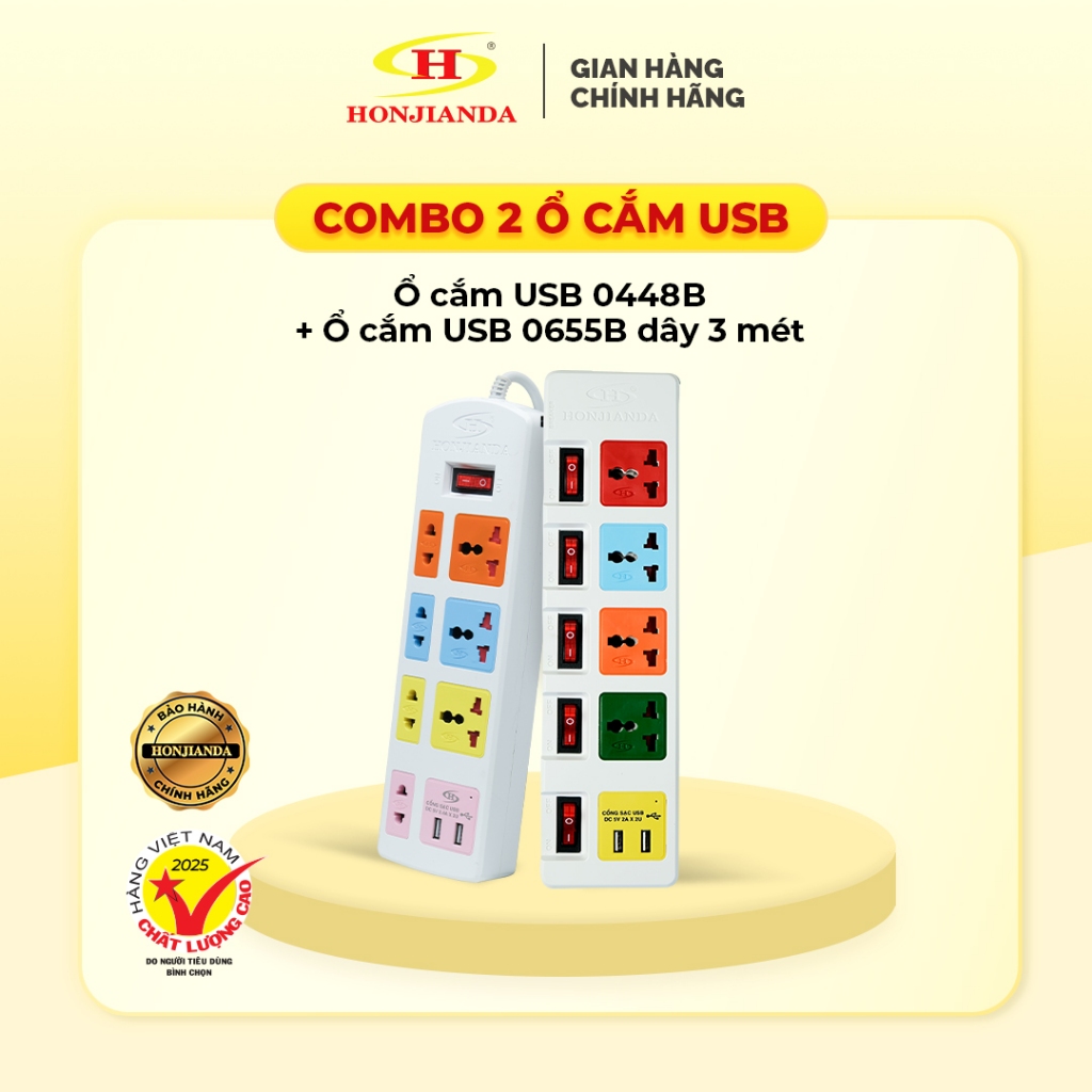 Combo Ổ cắm điện Honjianda 0448B USB dây dài 3 mét 10A + Ổ cắm điện 0655 USB dây dài 3 mét 13A