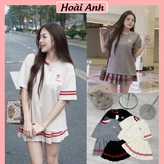 Set Bộ Thom Áo In Hình Cún Đội Mũ Cổ Bo Viền Tay Phối Sọc Mix Chân Váy Xếp Ly Sọc Ngang Freesize