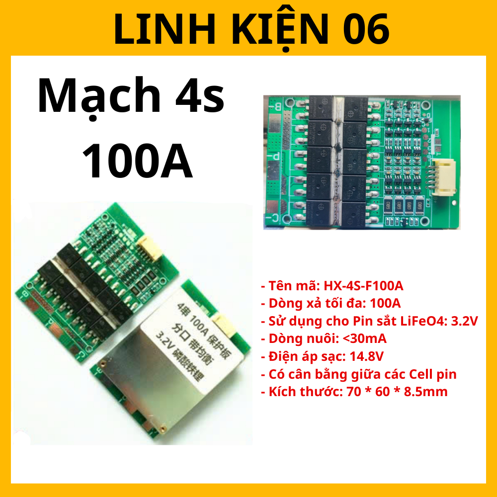 Mạch Bảo Vệ BMS Cho Pin Sắt LiFePO4 3.2V 4S 100A (HX-4S-F100A) - Hệ 4 Cell Nối Tiếp - LINH KIỆN 06