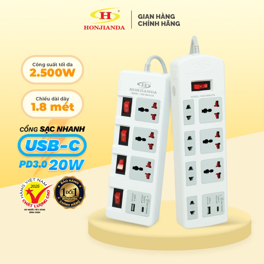 Ổ Cắm Điện Đa Năng HONJIANDA Sạc Nhanh TYPE-C USB PD20W, 2-8 Lỗ Chịu Tải 2500W, Dây Dài 1.8 mét