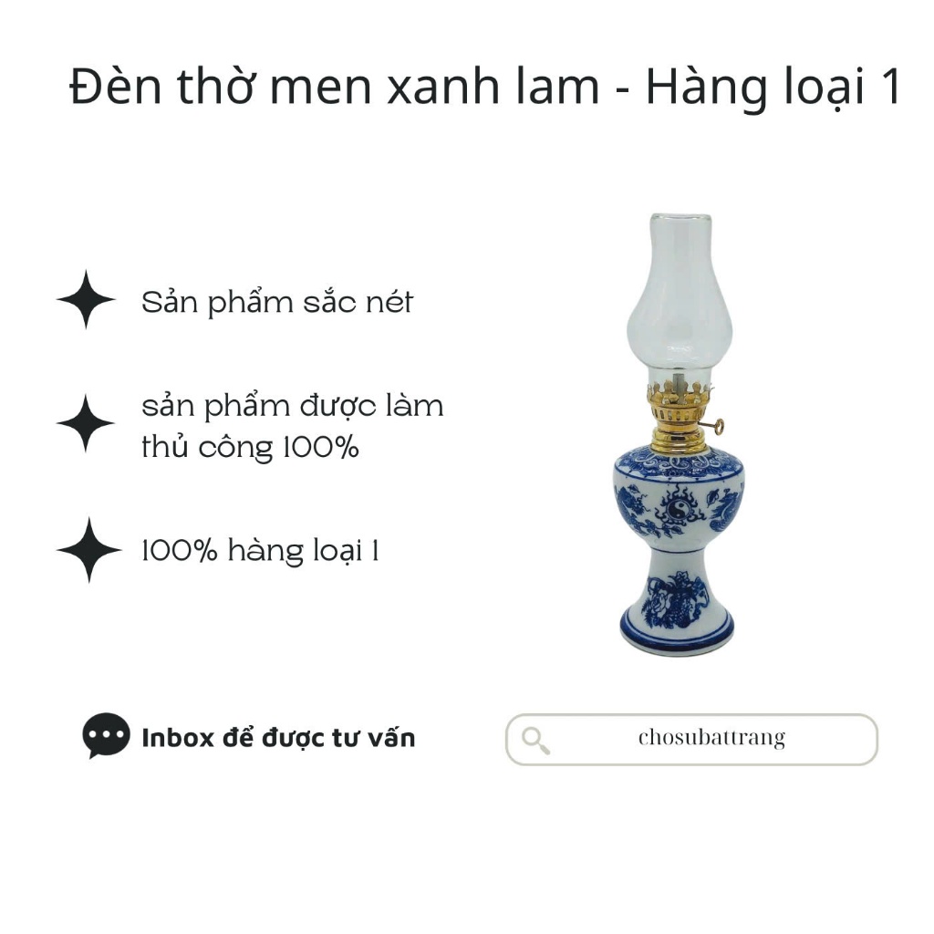 Đèn Thờ Dầu Men Xanh Lam – Chợ Sứ Bát Tràng (Hàng Loại 1)