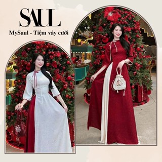  Áo Dài Cách Tân Gấm Chiết Eo Họa Tiết Hoa Nhí Đính Nơ Cổ - Tiệm Váy Cưới MySaul 